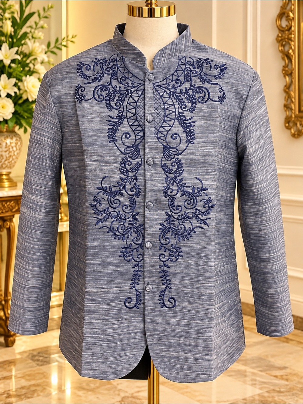 Elegant Steel Blue Embroidered Barong Tagalog Jacket